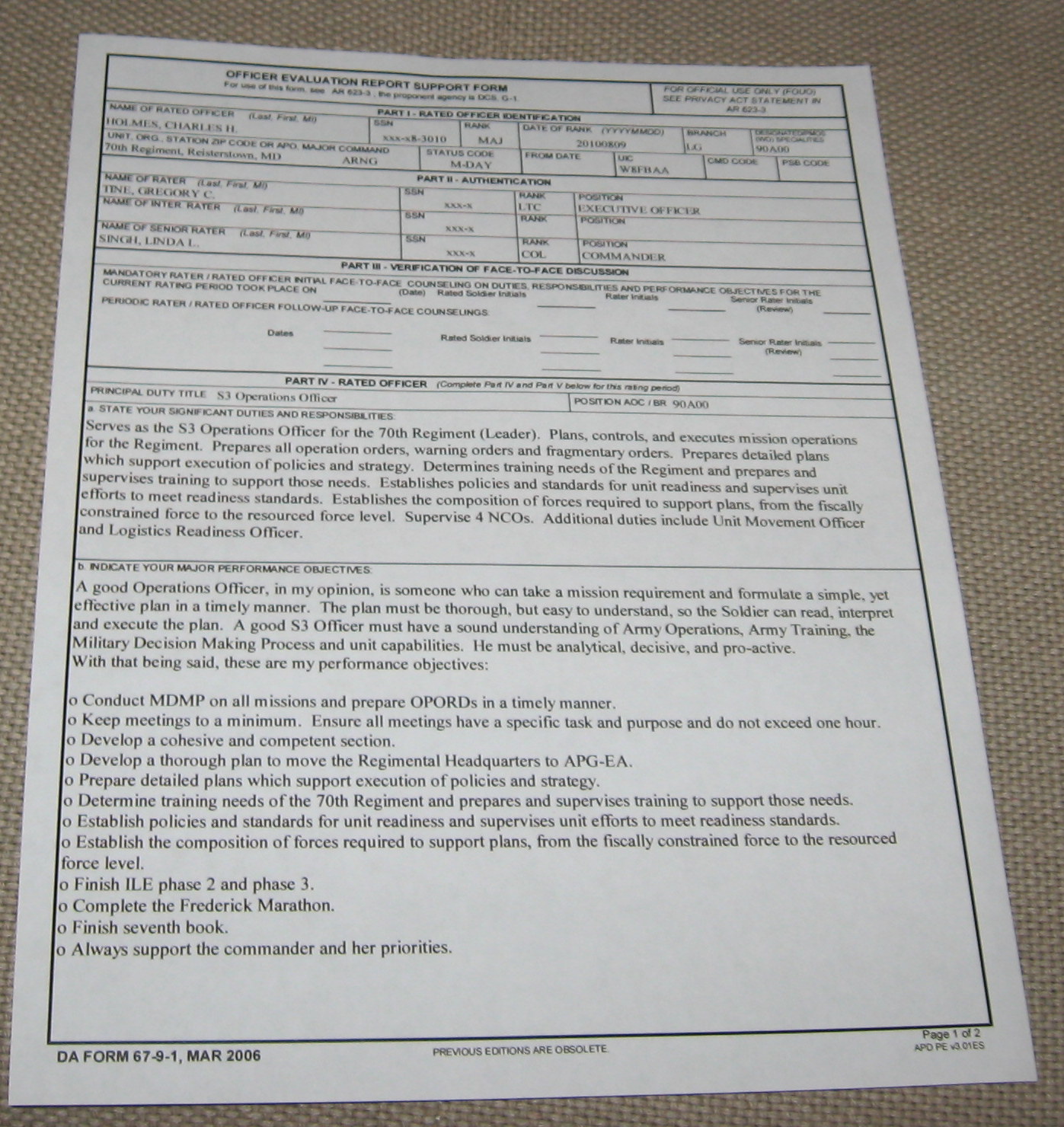 Oer Support Form Example Platoon Leader