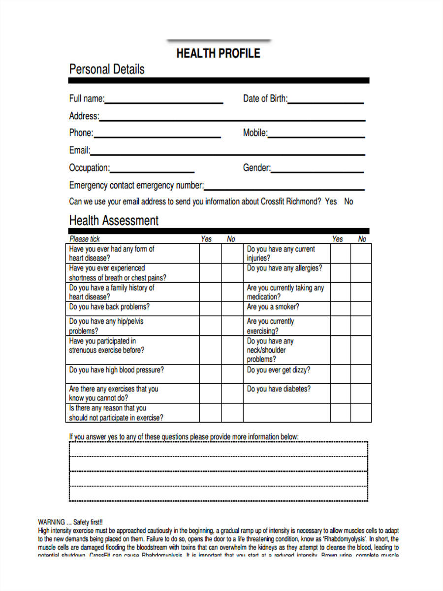 fitness assessment form template