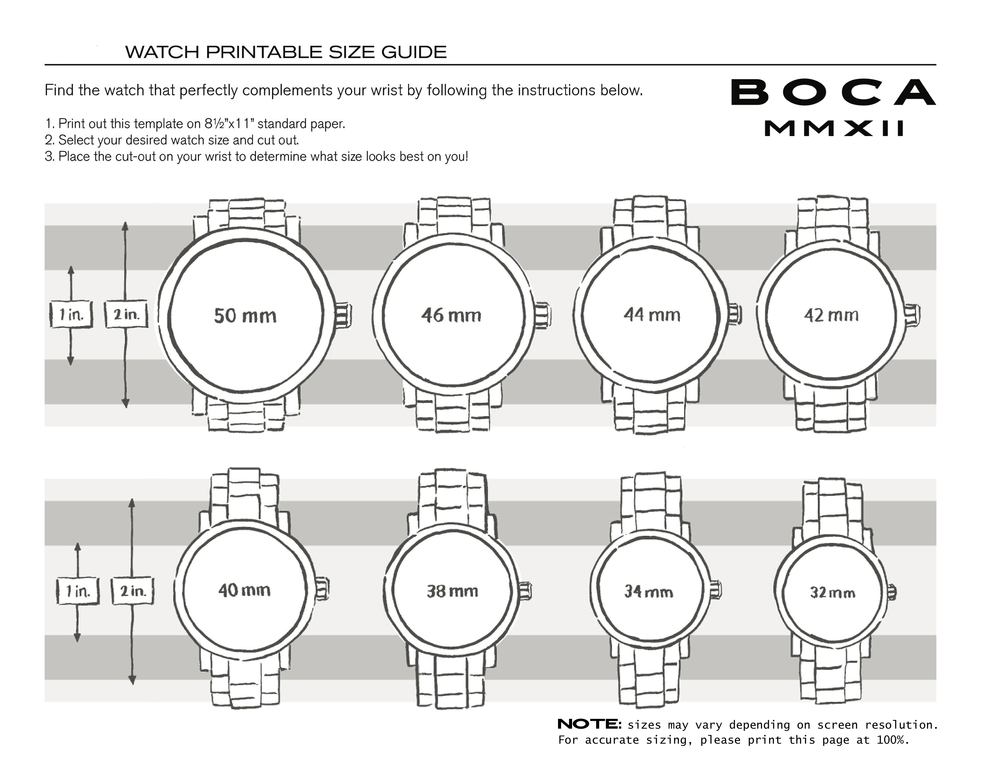 Watch Dimensions Chart