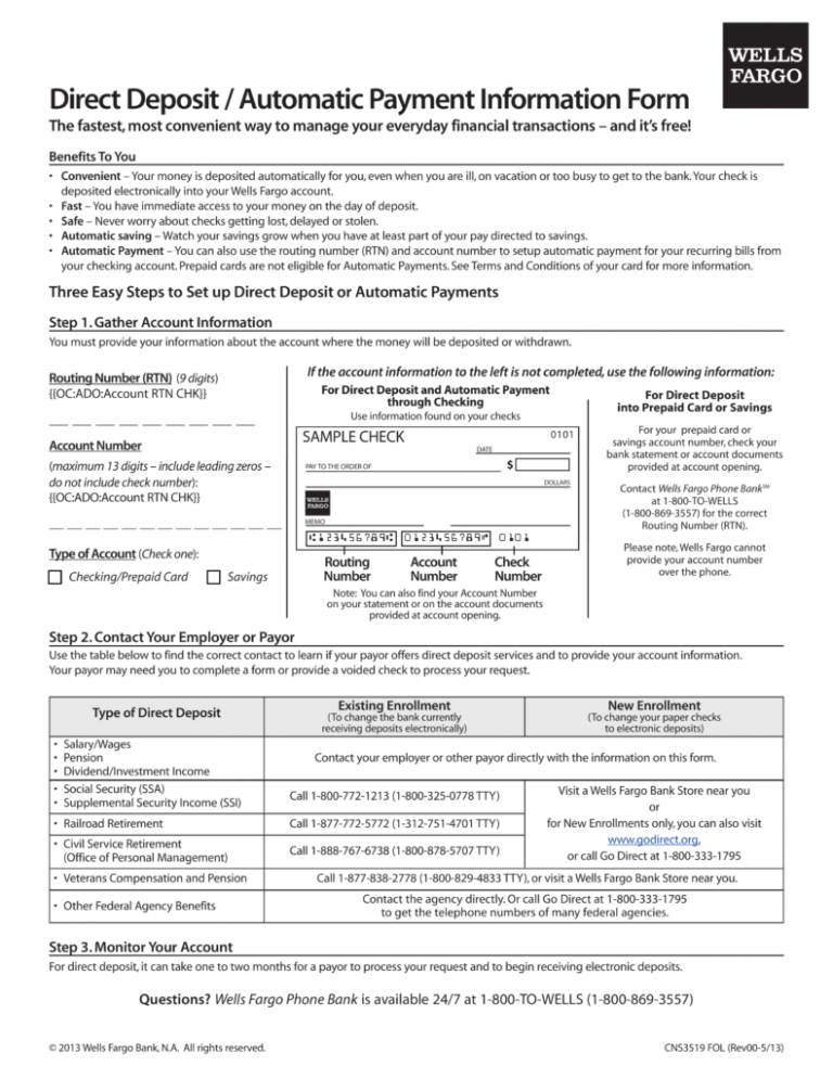 Wells Fargo Direct Deposit Form | amulette