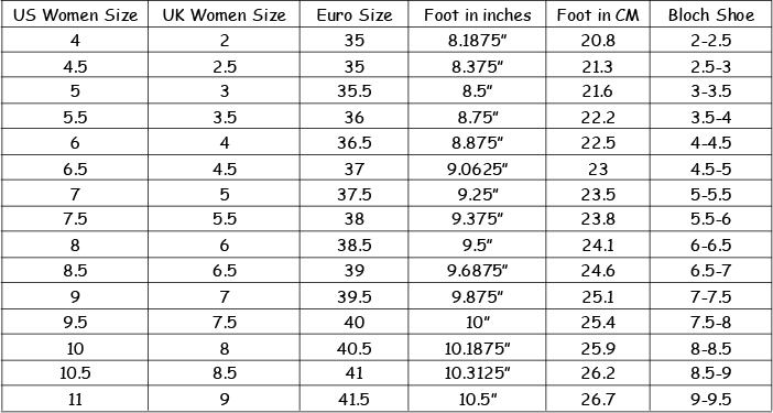 Bloch Ballet Shoes Size Chart | amulette