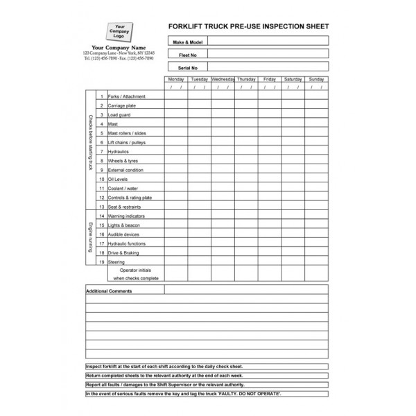 Forklift Operator Daily Checklist Book Format, Carbonless