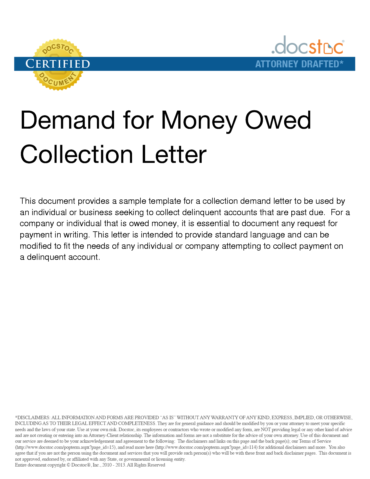 Sample Letter Of Demand For Money Owed