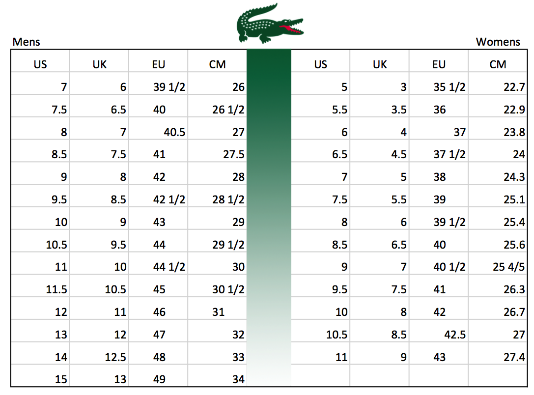 Lacoste Big And Size Chart