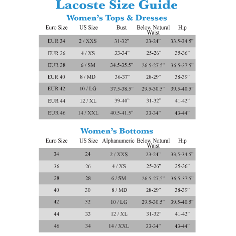 Lacoste Big And Size Chart