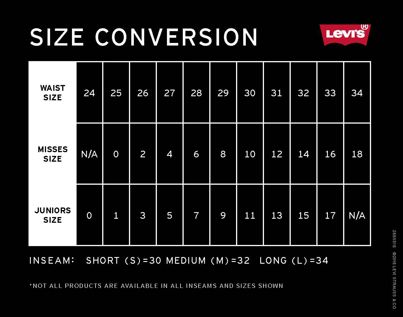 levi jean conversion chart