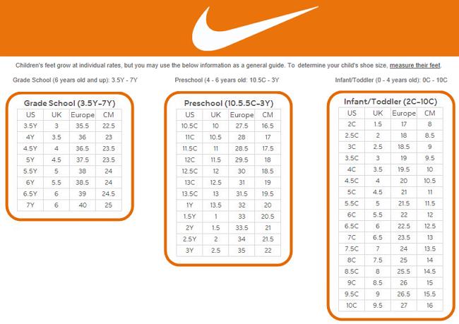 Nike Kid Shoe Size Chart Amulette