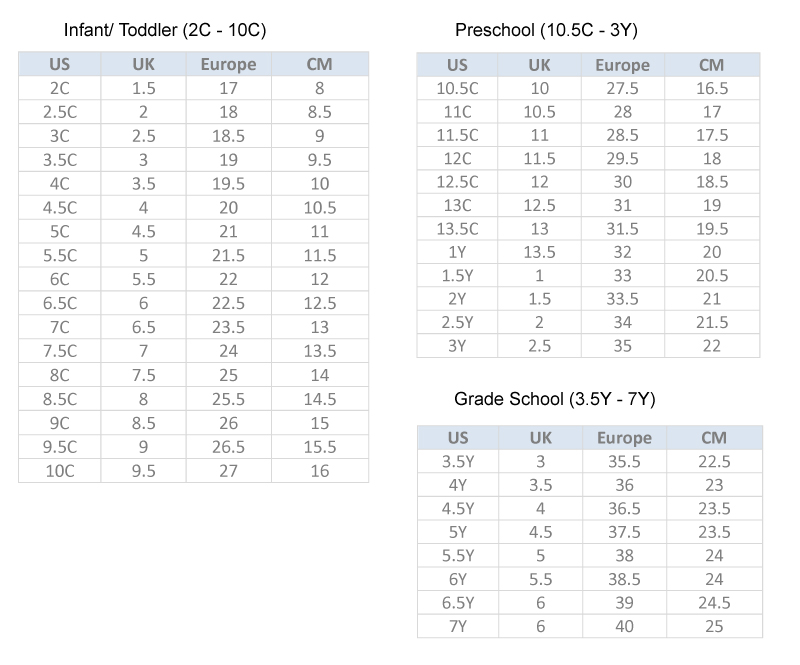 Nike childrens best sale size chart