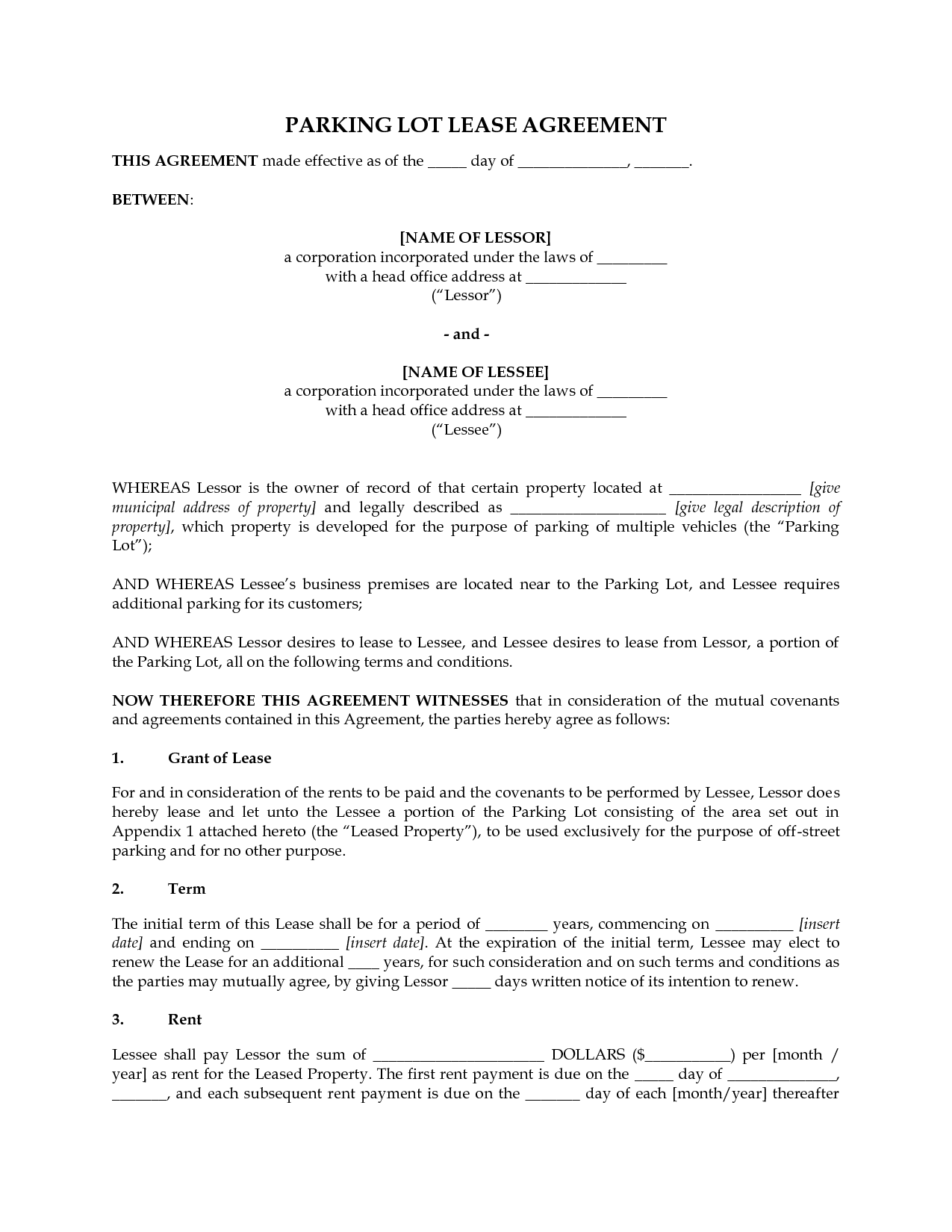 Parking Lot Lease Agreement Template