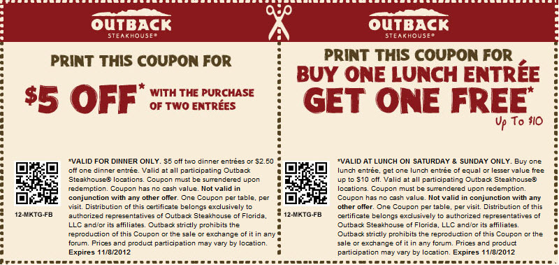 The Outback steakhouse ccoupons printing 3