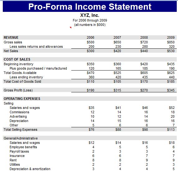 pro forma income statement template