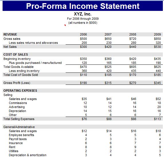 Pro Forma Statement Template Excel amulette