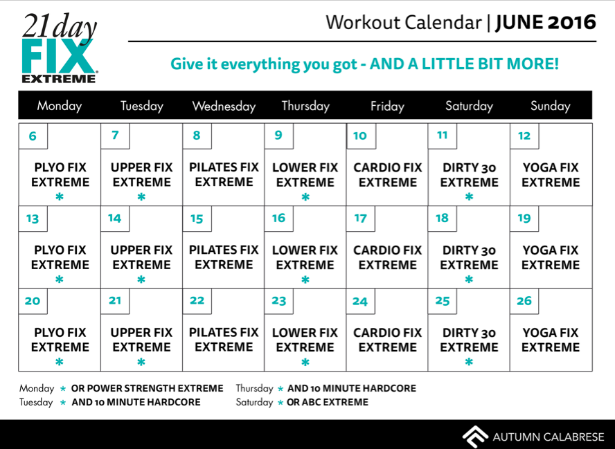 21 Day Fix Extreme Workout Calendar | Print A Workout Calendar