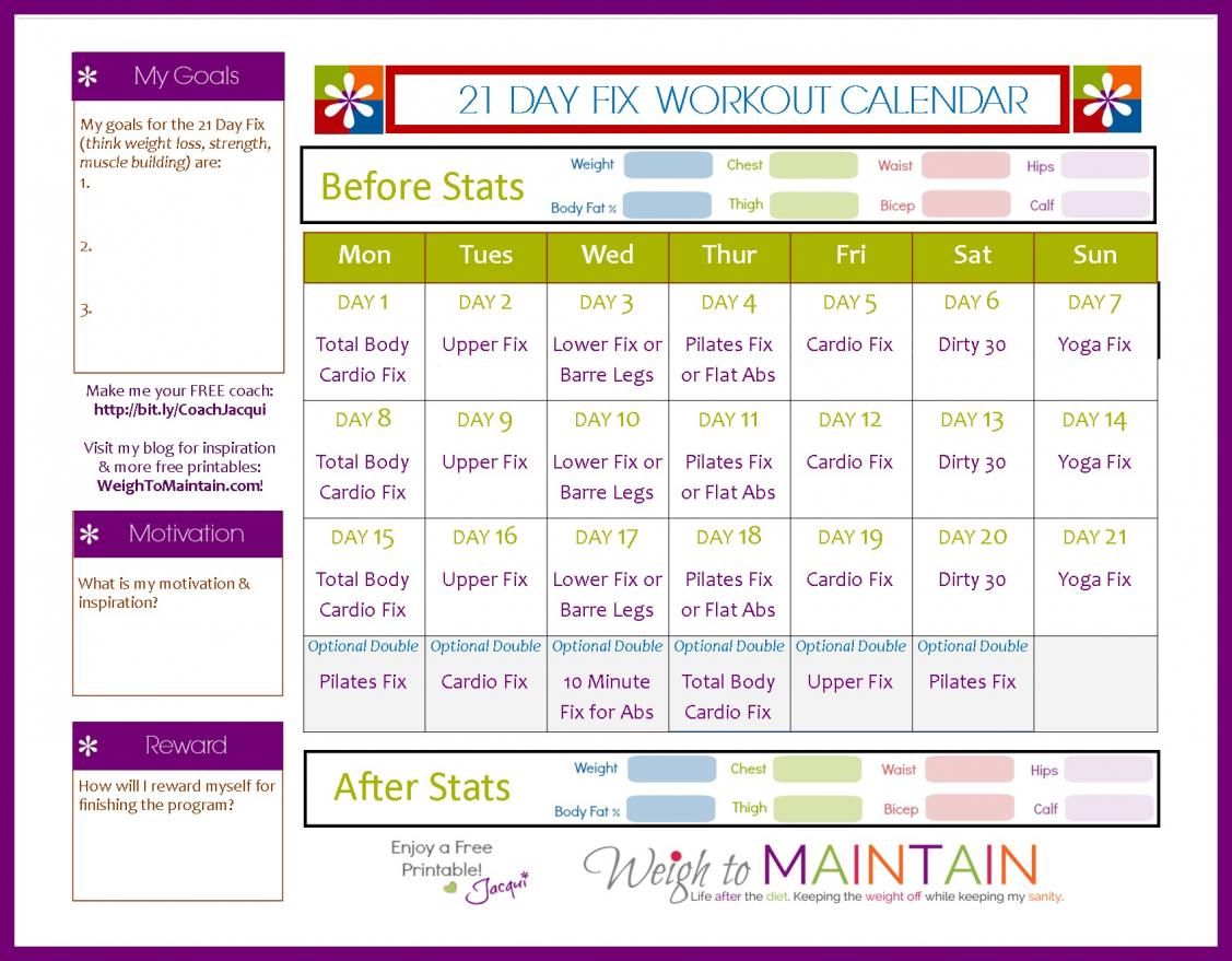 21 Day Fix Workout Schedule Free Printable PDF