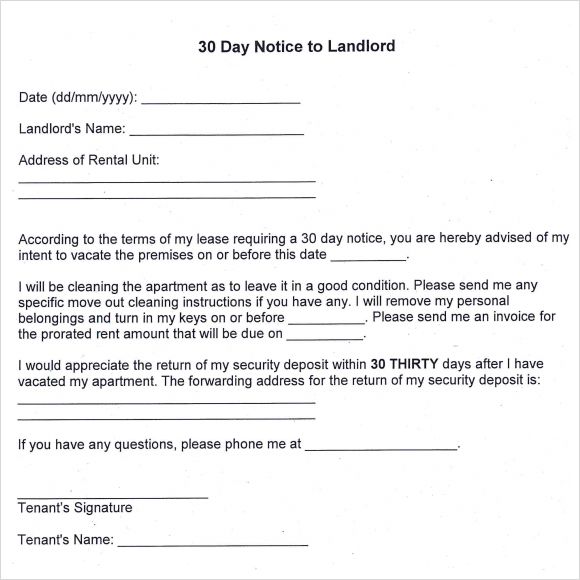 Printable Sample 30 Day Notice To Landlord Form | Real Estate 