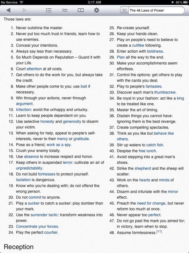 48 Laws of Power strategically good to know, but morally don't 