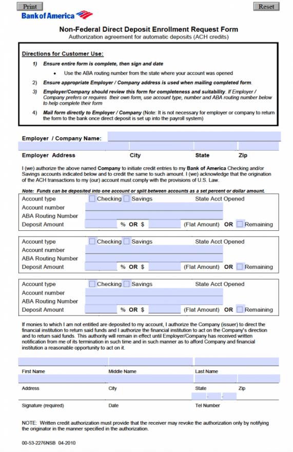 Free Bank of America Direct Deposit Authorization Form PDF