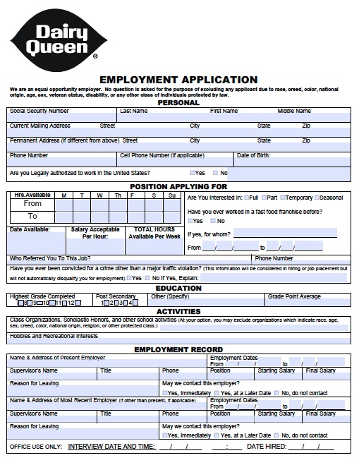 Download Dairy Queen Job Application Form PDF wikiDownload