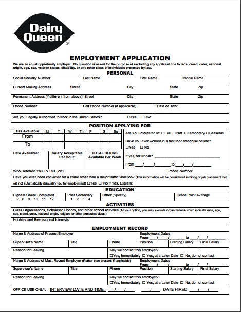 Dairy Queen Application PDF Download & Print Out 2018 