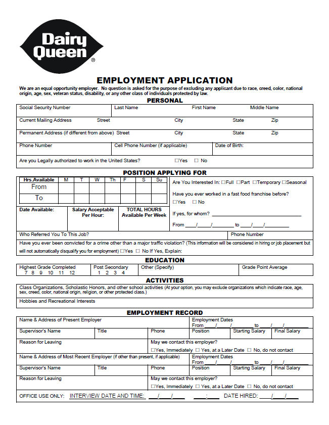 Free Dairy Queen Job Application