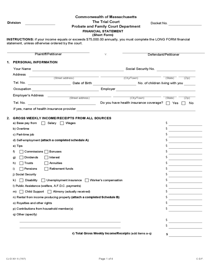 Financial Statement (Short Form) Massachusetts Free Download