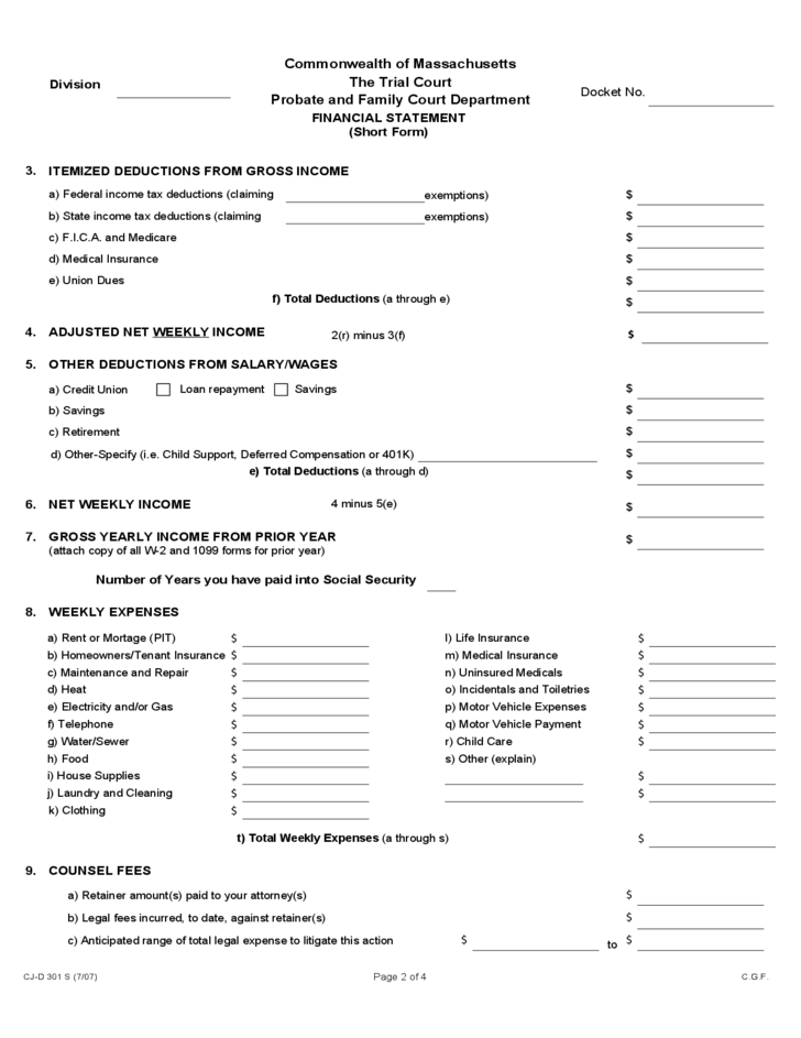 Financial Statement (Short Form) Massachusetts Free Download