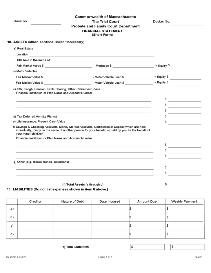 Financial Statement (Short Form) Massachusetts Free Download