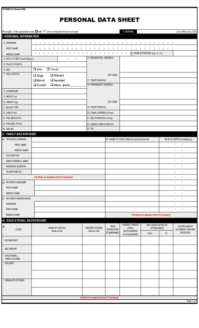 PDS CS Form 212 (Revised 2005) Personal Data Sheet | Public Sphere 