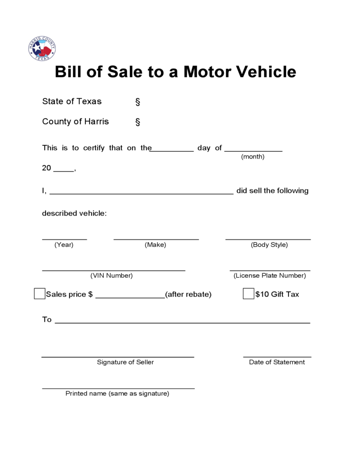 Bill of Sale to a Motor Vehicle Texas Free Download