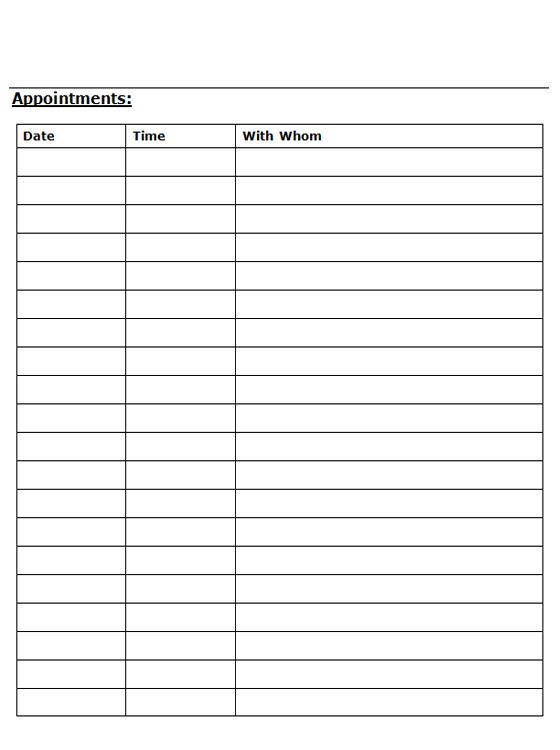 Printable Appointment Sheet