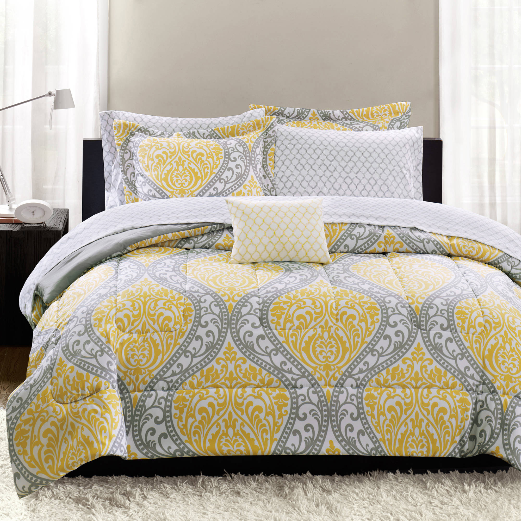Mainstays Yellow Damask Coordinated Bedding Set Bed in a Bag 