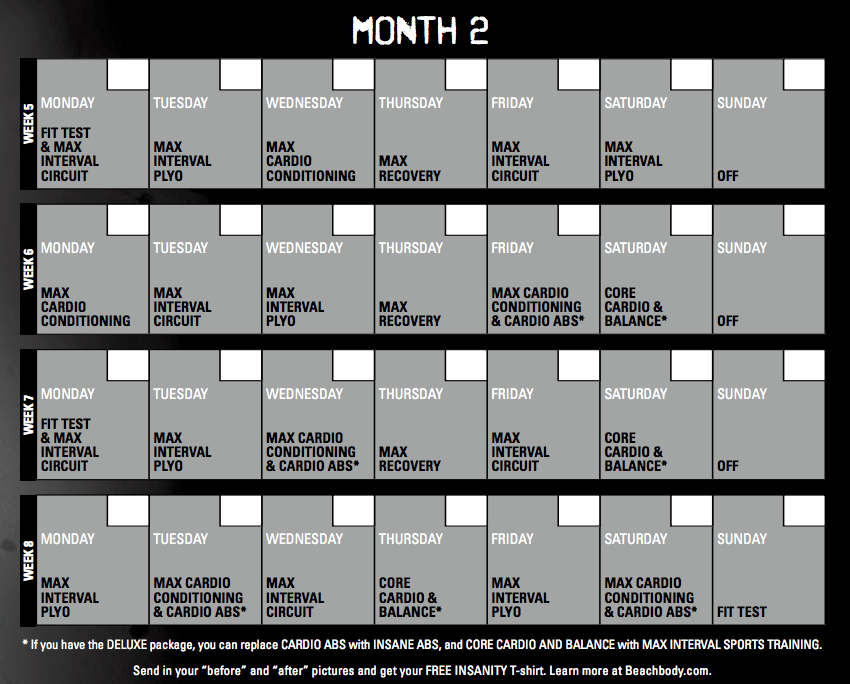 Insanity Calendar 60 Day Insanity Workout Schedule