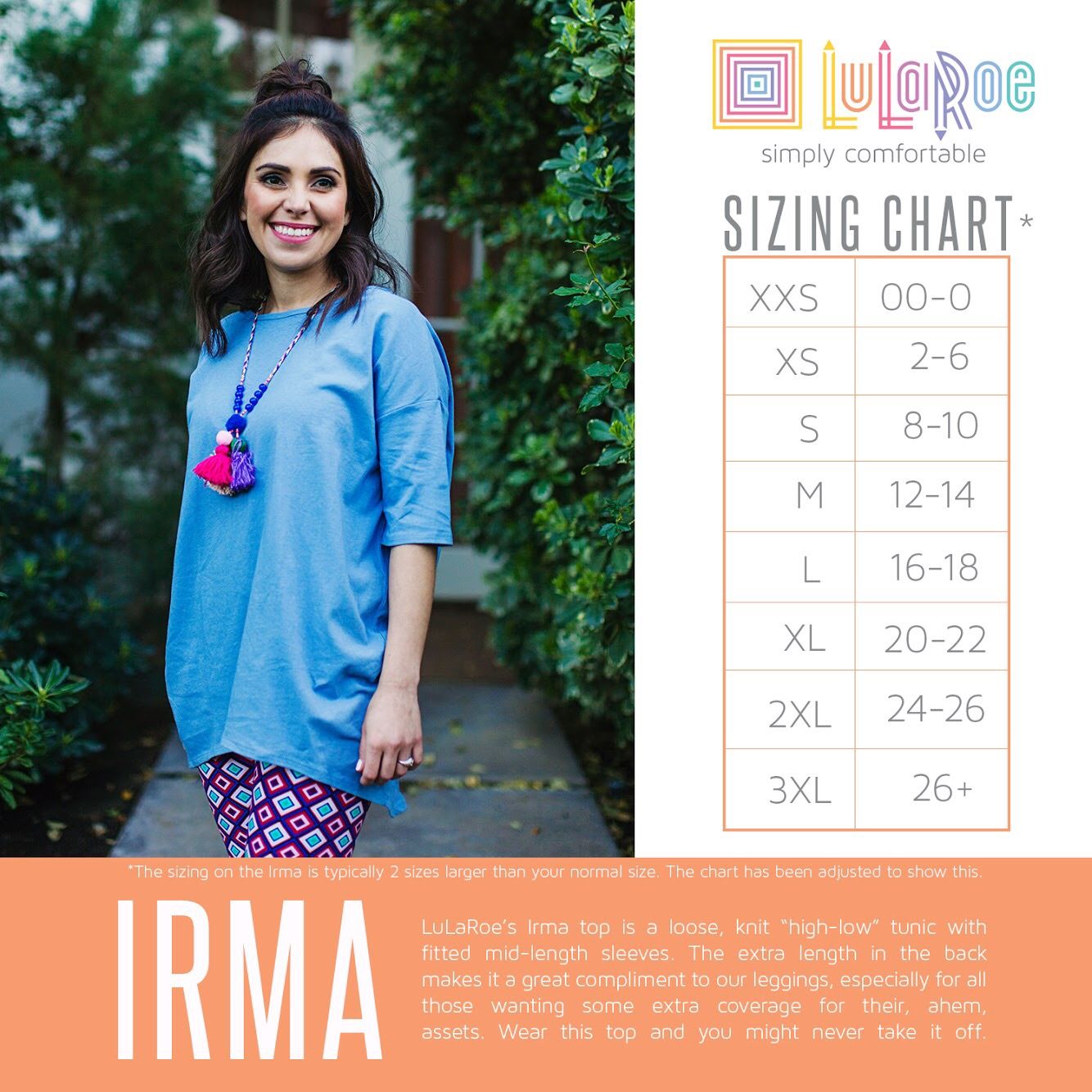 LuLaRoe Irma Tunic Top Size Chart. See our current collection here 