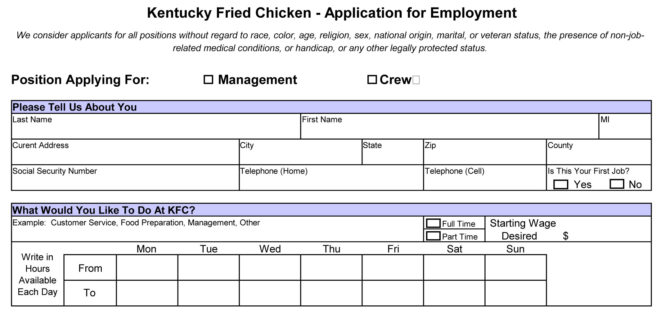 KFC Employment Job Application SampleBusinessResume.