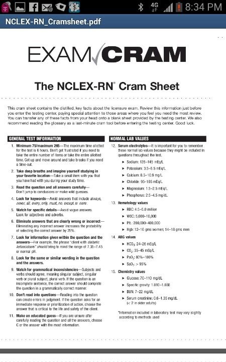 Click HERE for the 2 full page printable Exam Cram Sheet for Nclex 