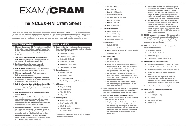 NCLEX RN cramsheet