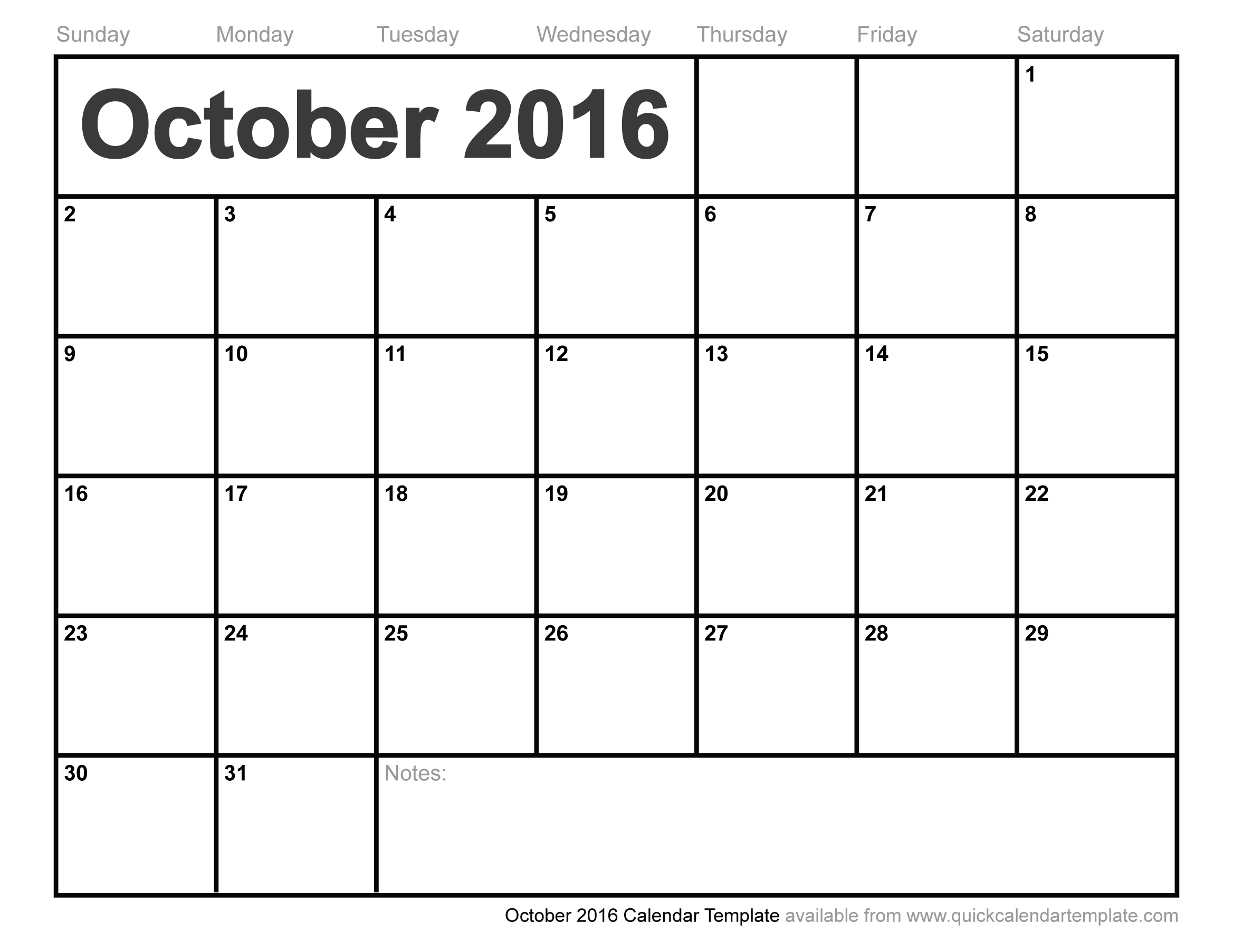 october 2016 calendar template
