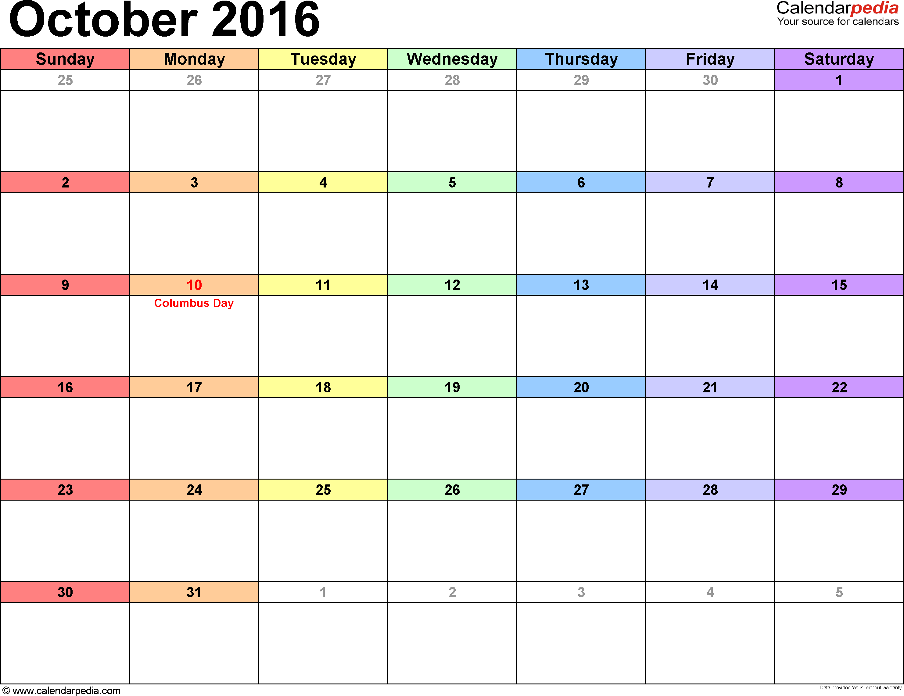 october 2016 calendar template