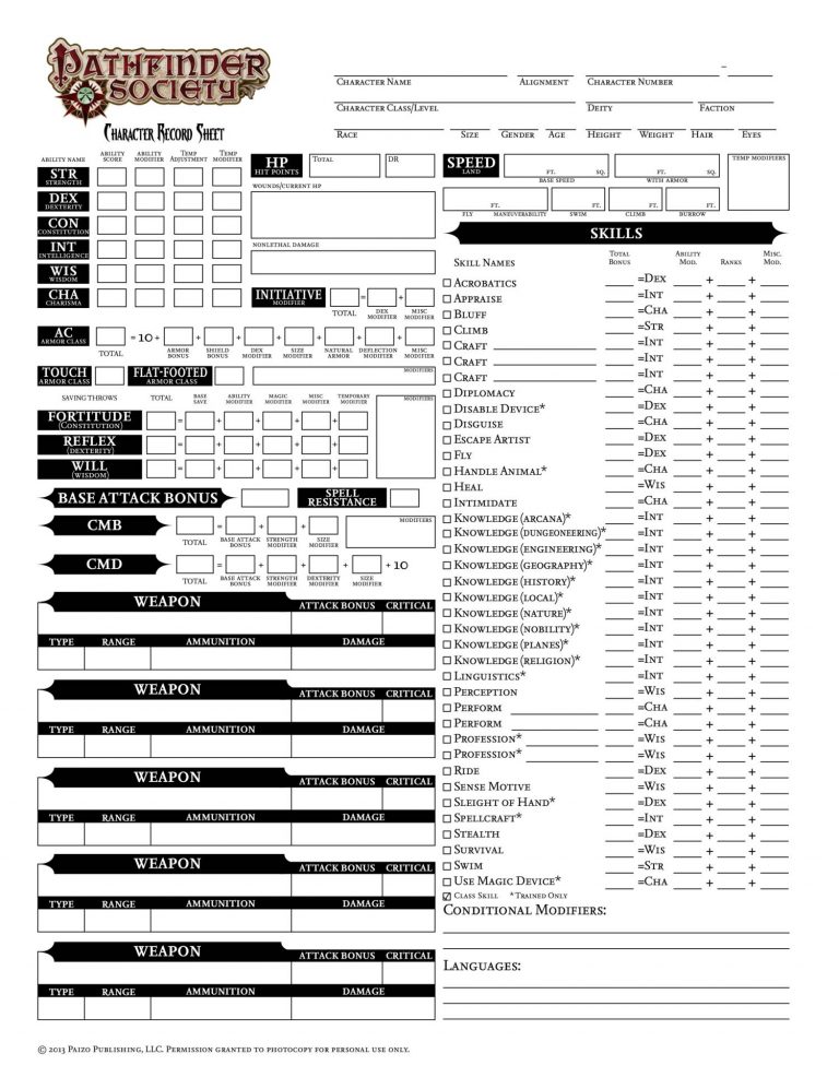 Pathfinder Character Sheet Form Fillable | amulette