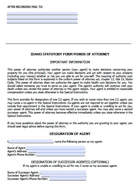 Free Idaho Durable Power of Attorney Form – PDF Template