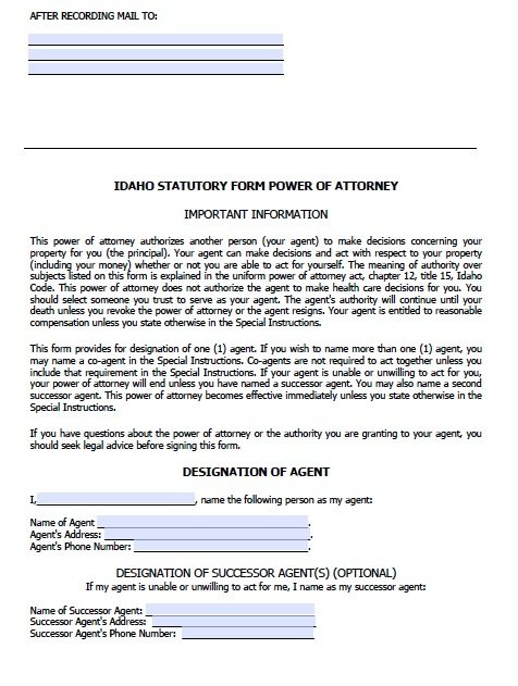 Free Durable Power of Attorney Idaho Form – Adobe PDF