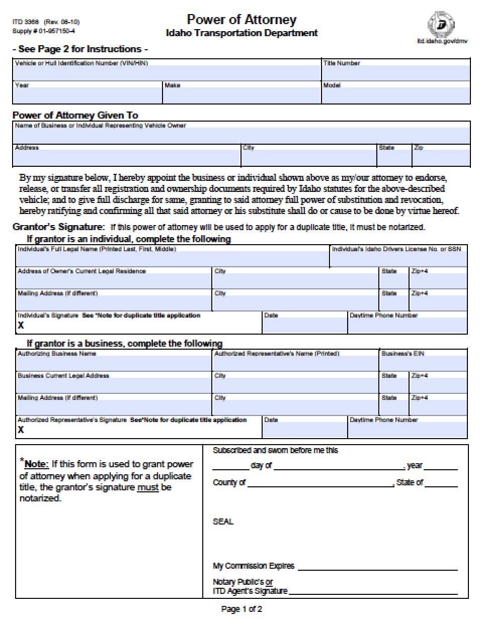 Idaho Vehicle Power of Attorney Form Power of Attorney : Power 