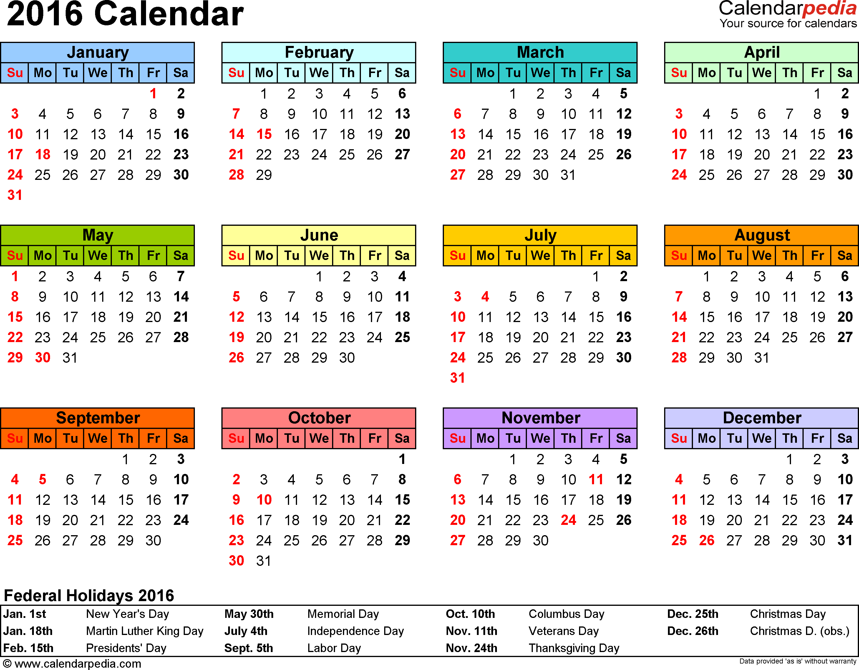 2016 Calendar PDF 16 free printable calendar templates