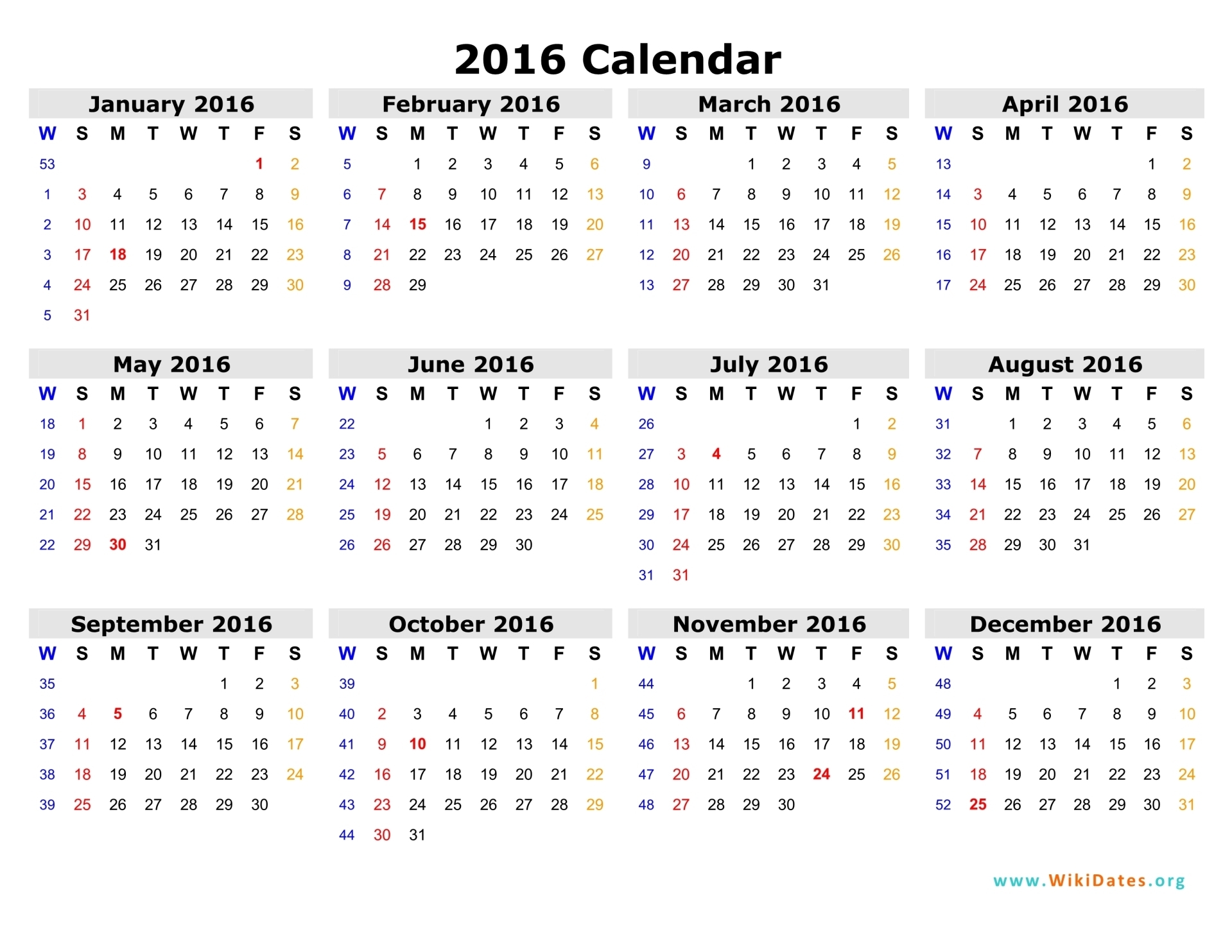2016 Calendar | WikiDates.org