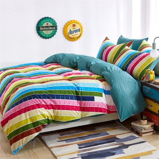 Ombre Rainbow Striped Geometry and Flowered Bedding Set Queen King 