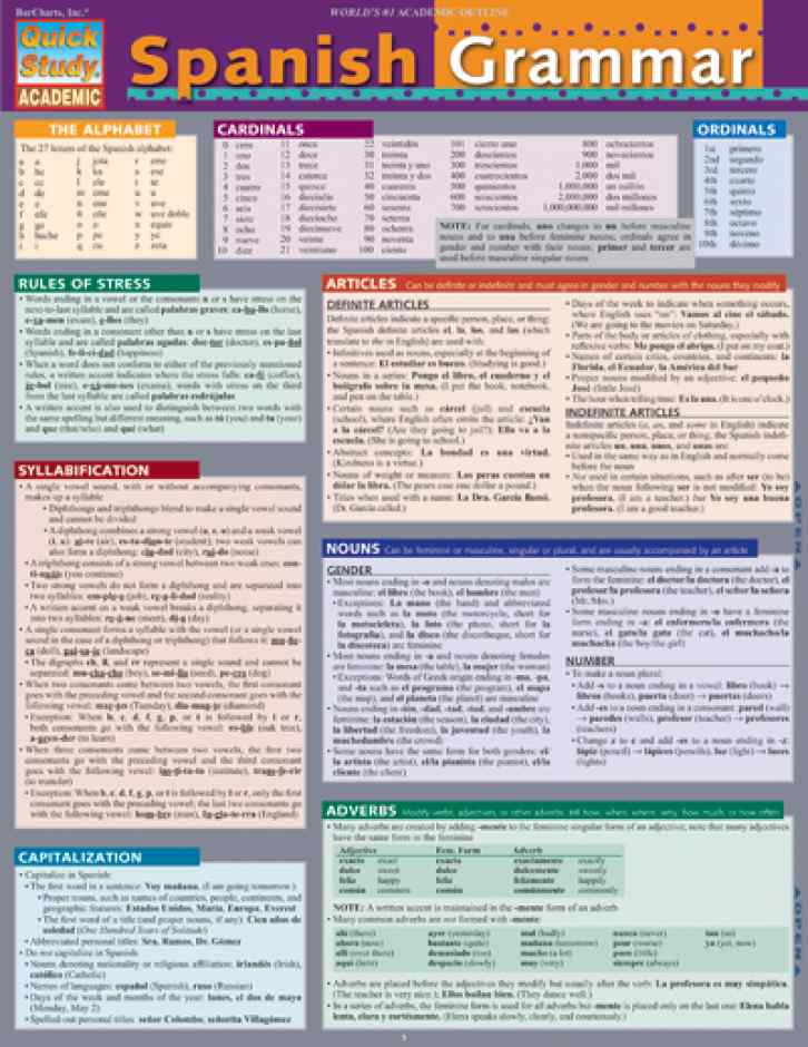 Bar Charts Quick Study Reference Guide Spanish Grammar | School Pak