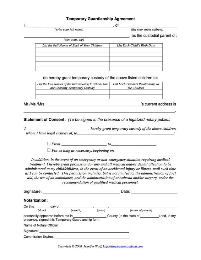 The Temporary Guardianship form is A Free Printable Table that 