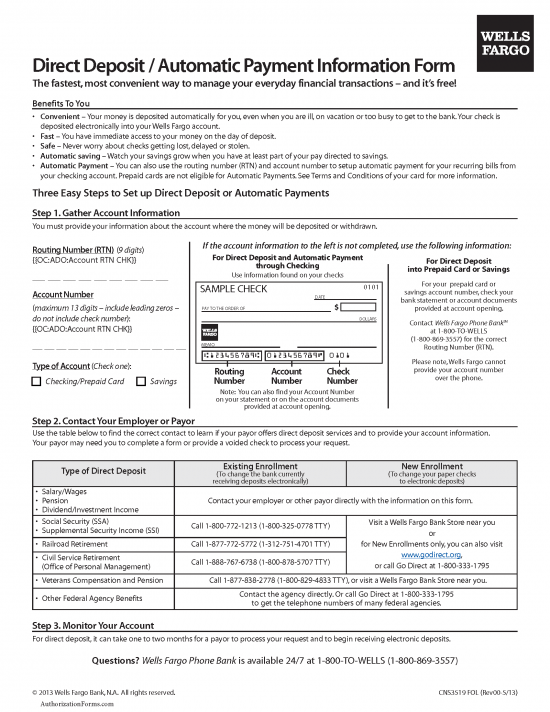 Direct Deposit Wells Fargo Fill Online, Printable, Fillable 