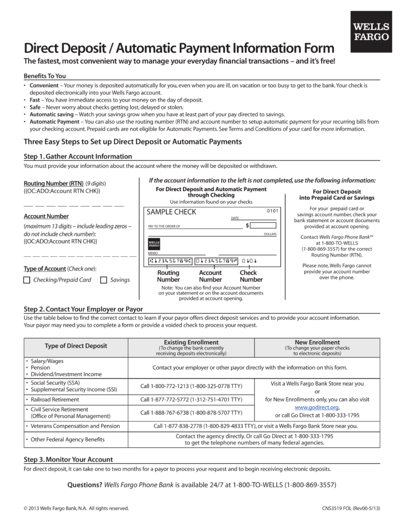 Free Wells Fargo Direct Deposit Form PDF | eForms – Free 