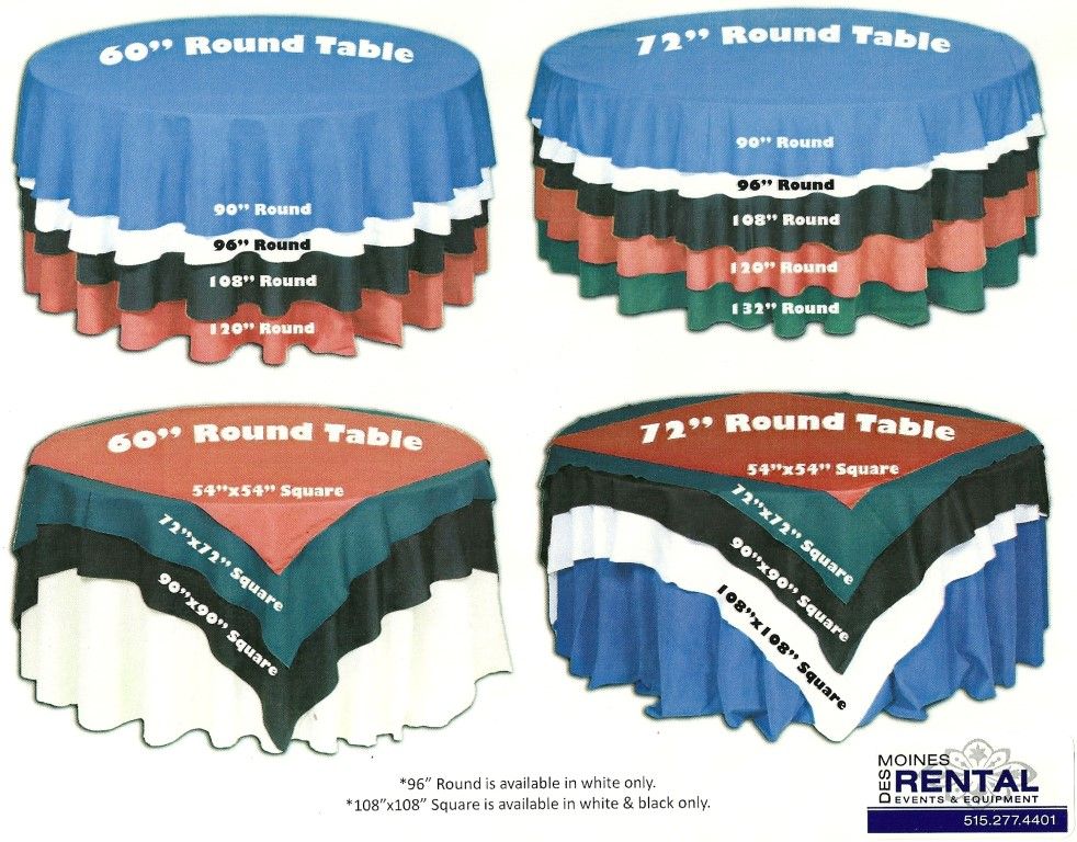 Great reference Table cloth size and overlay size chart | party 